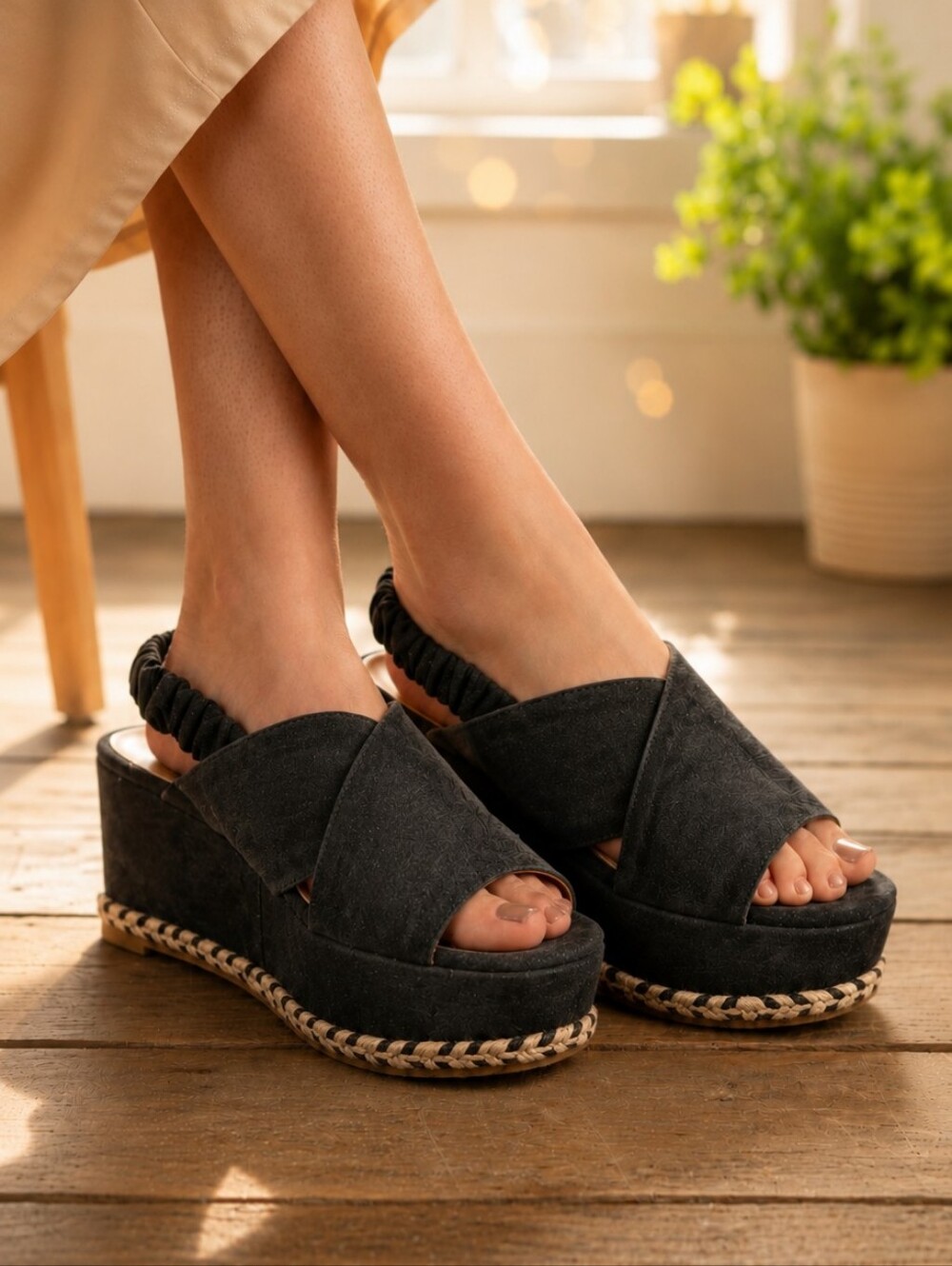 Joie Garden Platform Espadrille Wedge Sandal Suede Black